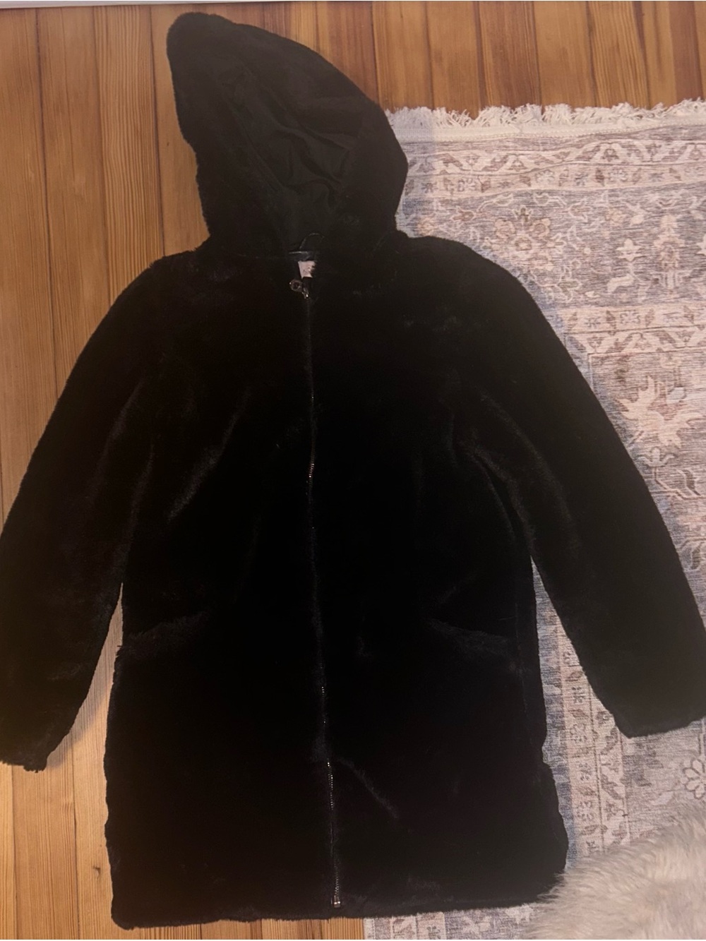 Kids Black Faux Fur Hooded Coat - Unbranded
